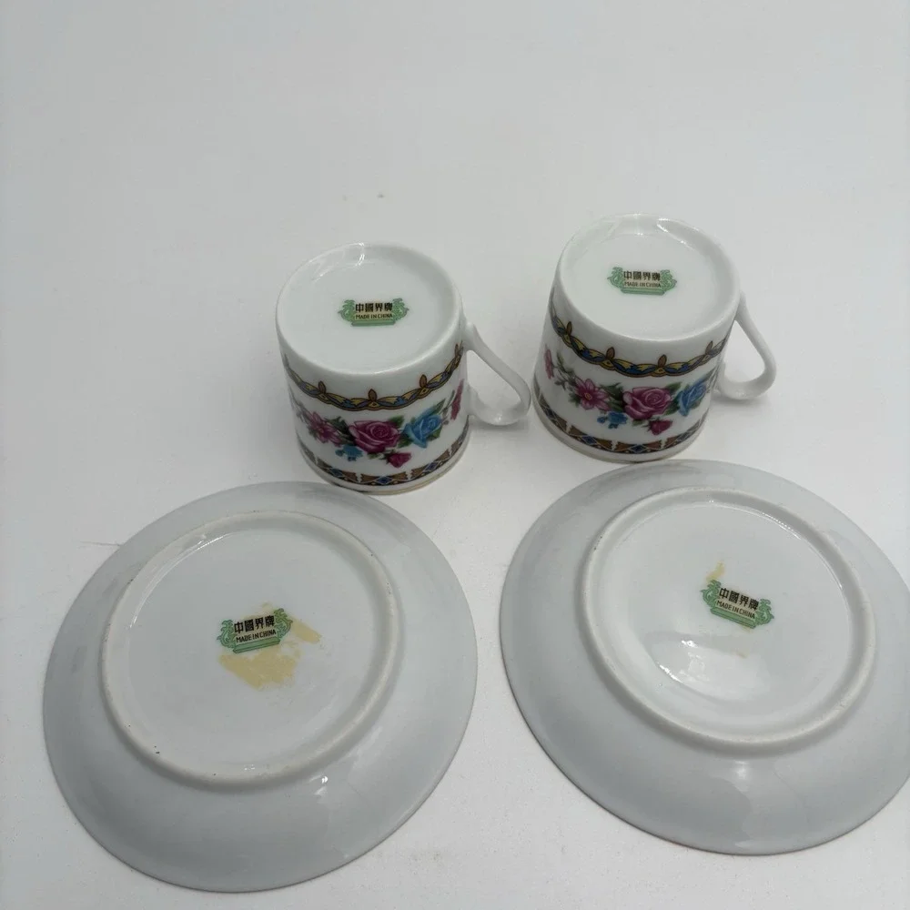 Vtg Porcelain Floral Demitasse Cup & Saucer‎ Espresso Roses 2 Sets Made In China